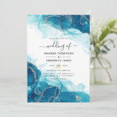 Turquoise en Gold Alcohol Ink Wedding Invitation Kaart (Staand voorkant)