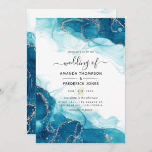 Turquoise en Gold Alcohol Ink Wedding Invitation Kaart