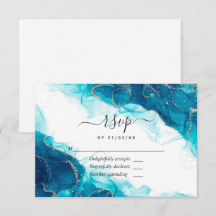 Turquoise en Gold Alcohol Ink Wedding RSVP Kaartje