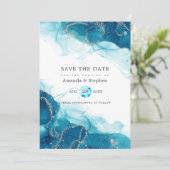 Turquoise en Gold Alcohol Ink Wedding Save The Date (Staand voorkant)