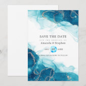 Turquoise en Gold Alcohol Ink Wedding Save The Date (Voorkant / Achterkant)