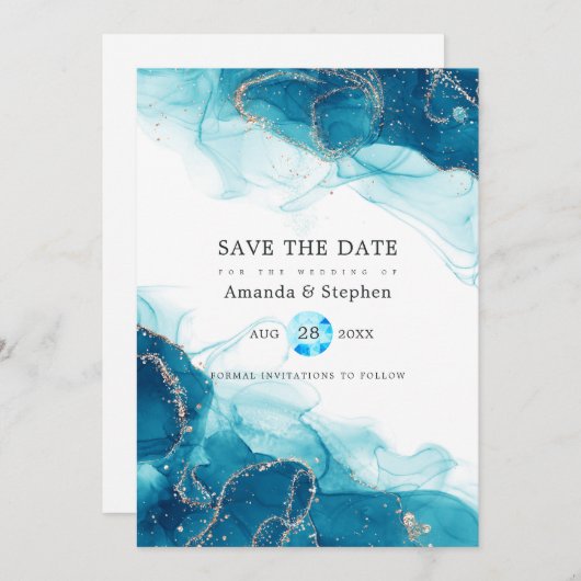 Turquoise en Gold Alcohol Ink Wedding Save The Date (Voorkant / Achterkant)