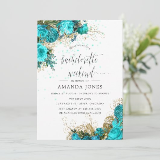  Turquoise en Gold Bachelorette Weekend Kaart (Staand voorkant)