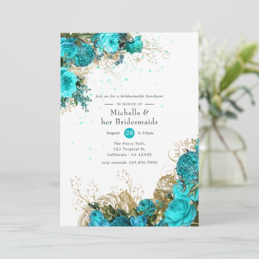  Turquoise en Gold Bridesmaids Luncheon Kaart (Staand voorkant)