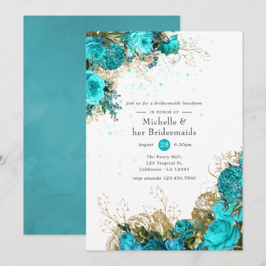  Turquoise en Gold Bridesmaids Luncheon Kaart (Voorkant / Achterkant)