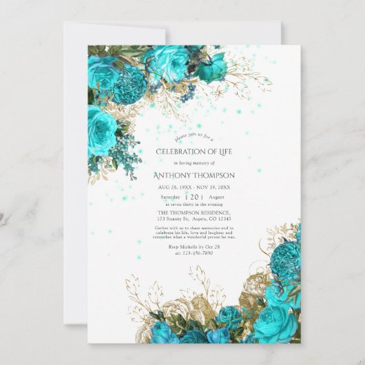  Turquoise en Gold Celebration of Life Kaart (Voorkant)