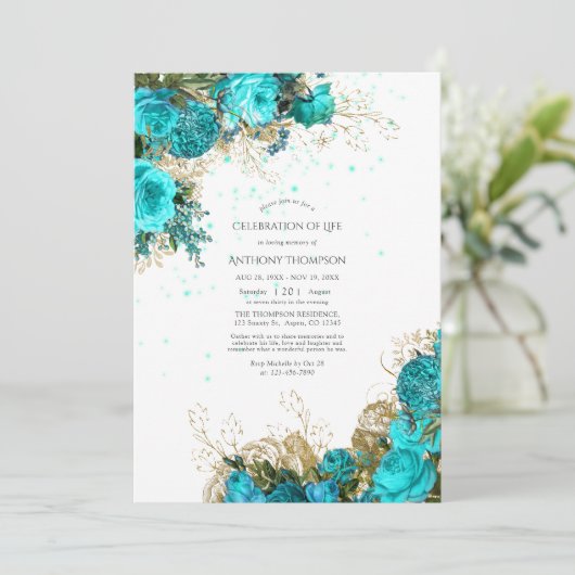 Turquoise en Gold Celebration of Life Kaart (Staand voorkant)