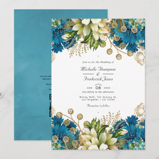  Turquoise en Gold Chic Floral Wedding Inv Kaart (Voorkant / Achterkant)