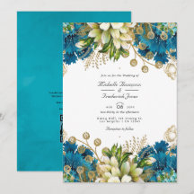  Turquoise en Gold Chic Floral Wedding Inv