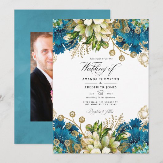  Turquoise en Gold Chic Floral Wedding Kaart (Voorkant / Achterkant)