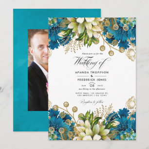 Turquoise en Gold Chic Floral Wedding Kaart