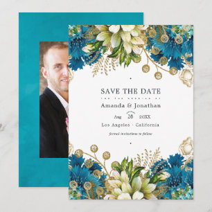 Turquoise en Gold Chic Floral Wedding Save The Date