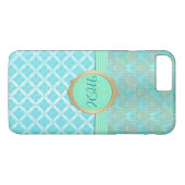 Turquoise en Gold Damask Custom Monogram Patroon Case-Mate iPhone Case (Achterkant (Horizontaal))