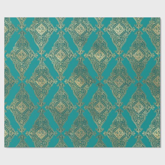 Turquoise en Gold Damask Pattern Cadeaupapier (Vlak)