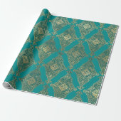 Turquoise en Gold Damask Pattern Cadeaupapier (Uitgerold)