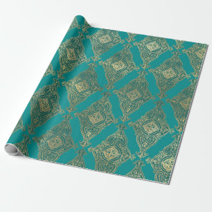 Turquoise en Gold Damask Pattern Cadeaupapier