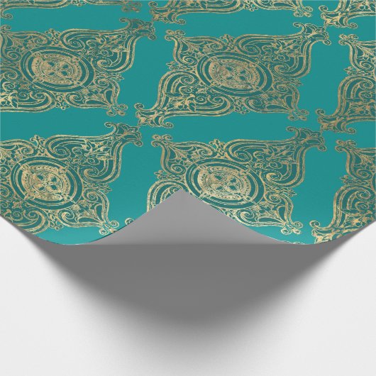 Turquoise en Gold Damask Pattern Cadeaupapier (Hoek)