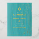 Turquoise en Gold Faux Agate Bat Mitzvah Foto van Folie Uitnodiging<br><div class="desc">Cool waterverf agate Bat Mitzvah uitnodiging in accenten van turquoise - blauwgroen en goud dat aanpasbaar is aan uw evenementspecificaties. Een foto van het portretformaat wordt geadviseerd.</div>