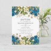  Turquoise en Gold Floral Baptisme Kaart (Staand voorkant)