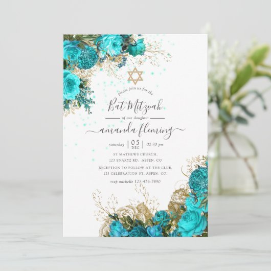 Turquoise en Gold  Floral Bat Mitzvah Kaart (Staand voorkant)