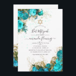 Turquoise en Gold  Floral Bat Mitzvah Kaart<br><div class="desc">Turquoise en gouden shabby-chic bloemen slaan op mitzvah-uitnodiging met elegante handschrift-typografie.</div>