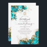 Turquoise en Gold  Floral Bat Mitzvah Kaart<br><div class="desc">Turquoise en gouden shabby-chic bloemen slaan op mitzvah-uitnodiging met elegante handschrift-typografie.</div>