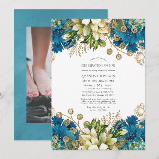Turquoise en Gold Floral Celebration of Life Kaart (Voorkant / Achterkant)