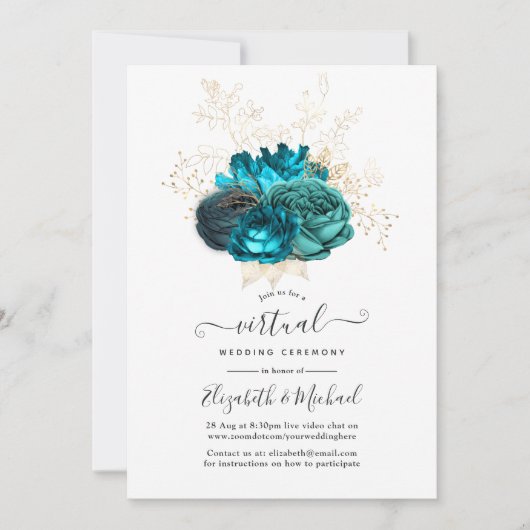 Turquoise en Gold Floral Online Virtual Wedding Kaart (Voorkant)