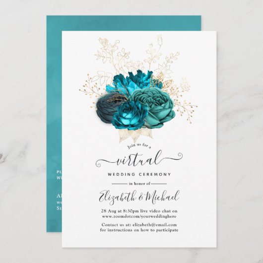 Turquoise en Gold Floral Online Virtual Wedding Kaart (Voorkant / Achterkant)
