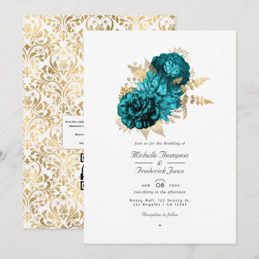  Turquoise en Gold Floral QR Code Wedding Kaart (Voorkant / Achterkant)