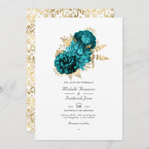  Turquoise en Gold Floral QR Code Wedding Kaart