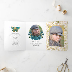 Turquoise en Gold  Floral Quinceañera Drieluik Uitnodiging