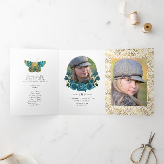 Turquoise en Gold Floral Quinceañera Drieluik Uitnodiging (Binnen)