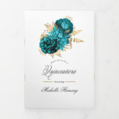 Turquoise en Gold Floral Quinceañera Drieluik Uitnodiging (Cover)