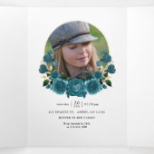 Turquoise en Gold Floral Quinceañera Drieluik Uitnodiging (Binnenkant midden)