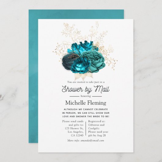 Turquoise en Gold Floral Shower per Mail Kaart (Voorkant / Achterkant)