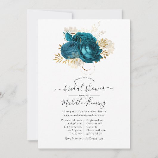 Turquoise en Gold Floral Virtual Vrijgezellenfeest Kaart (Voorkant)