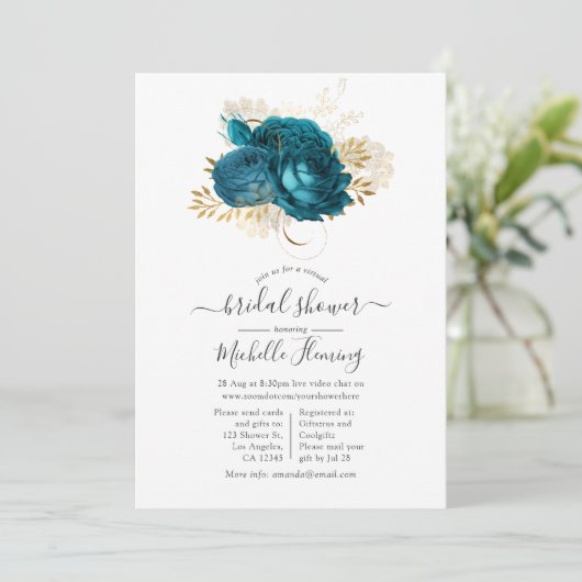 Turquoise en Gold Floral Virtual Vrijgezellenfeest Kaart (Staand voorkant)