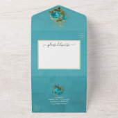 Turquoise en Gold Floral Wedding All In One Uitnodiging (Buitenkant)