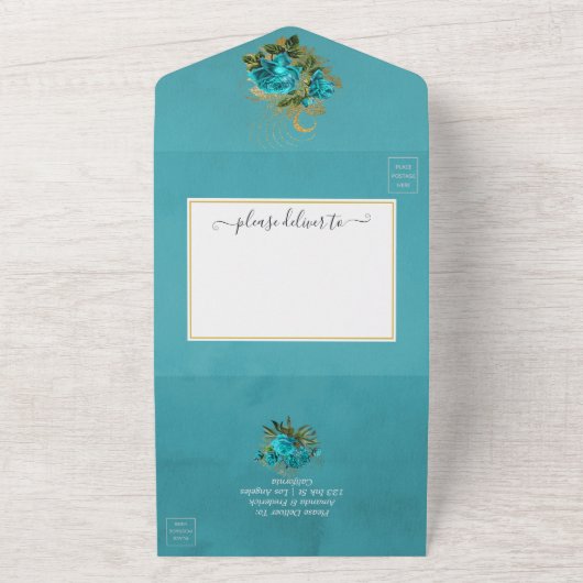 Turquoise en Gold Floral Wedding All In One Uitnodiging (Buitenkant)