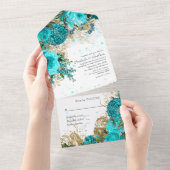 Turquoise en Gold Floral Wedding All In One Uitnodiging (Afscheurbaar)
