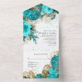 Turquoise en Gold Floral Wedding All In One Uitnodiging (Binnen)