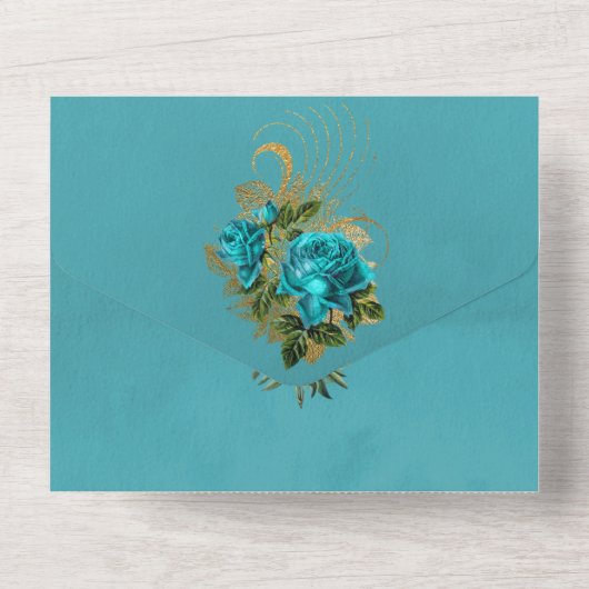 Turquoise en Gold Floral Wedding All In One Uitnodiging (Achterkant)
