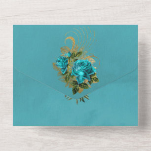 Turquoise en Gold Floral Wedding All In One Uitnodiging