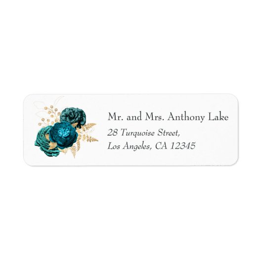  Turquoise en Gold Floral Wedding Etiket (Voorkant)