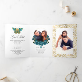 Turquoise en Gold  Floral Wedding Foto Drieluik Uitnodiging