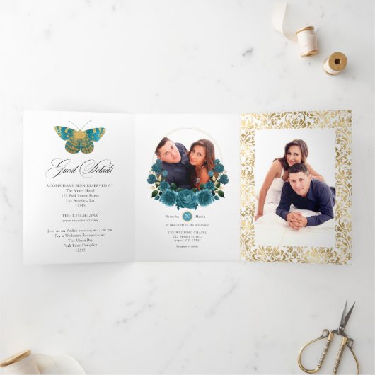 Turquoise en Gold Floral Wedding Foto Drieluik Uitnodiging (Binnen)