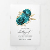 Turquoise en Gold Floral Wedding Foto Drieluik Uitnodiging (Cover)