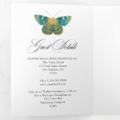 Turquoise en Gold Floral Wedding Foto Drieluik Uitnodiging (Binnenzijde eerst)