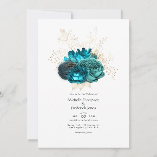 Turquoise en Gold Floral Wedding Kaart (Voorkant)